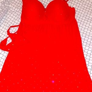 Red, sequin, fitted bra chamise/bottoms